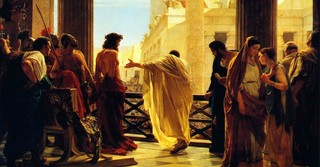 Classical painting of Pilate presenting Jesus to the crowd