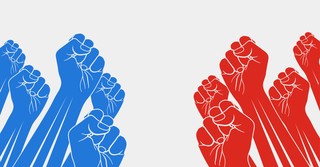 Illustration of blue and red hands, Republican and Democrat, fighting each other