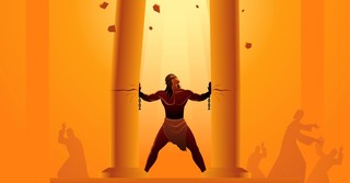 Illustration of Samson pulling down the pillars