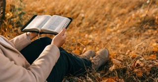 A person reading the Bible outside on a fall day