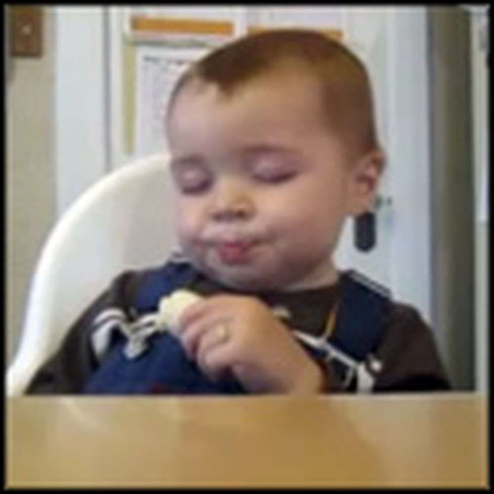 Sleepy Baby Really Wants to Finish His Banana - See if He Can