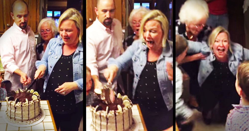 She Cuts Into The Cake And Nearly Falls On The Floor From THIS Surprise--WOW!