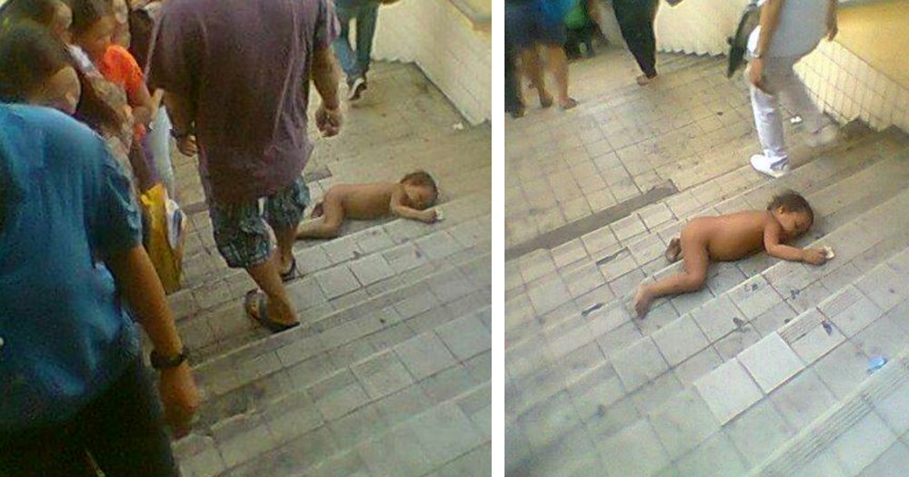 Heartbreaking Photo Of Naked Baby Curled On Busy Stairs
