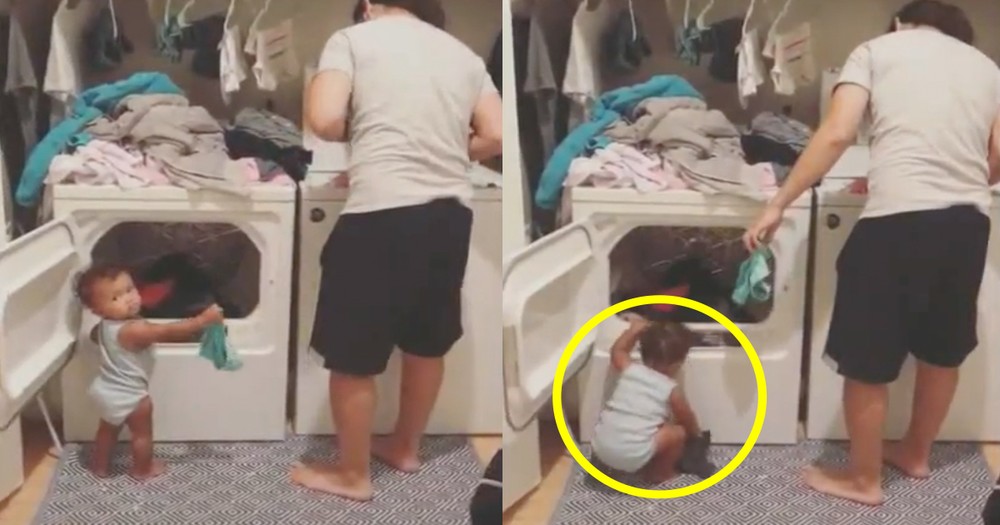 Adorable 1-Year-Old Girl Helps Her Dad Do Chores