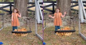 Little Girl Pushes Chickens on a Swing
