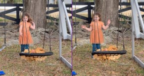 Little Girl Pushes Chickens on a Swing