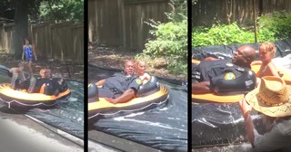 Police Officer Called In To Shut Down Slip-in-Slide Joins In