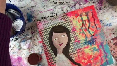 The Voice of Joy, a mixed media painting in process by Cherie Burbach