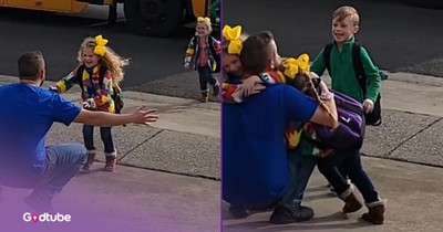 Dad Gets Swarmed With Hugs As His Kids Return From School
