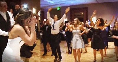 Wedding Party And Friends Surprise Bride And Groom With Flash Mob