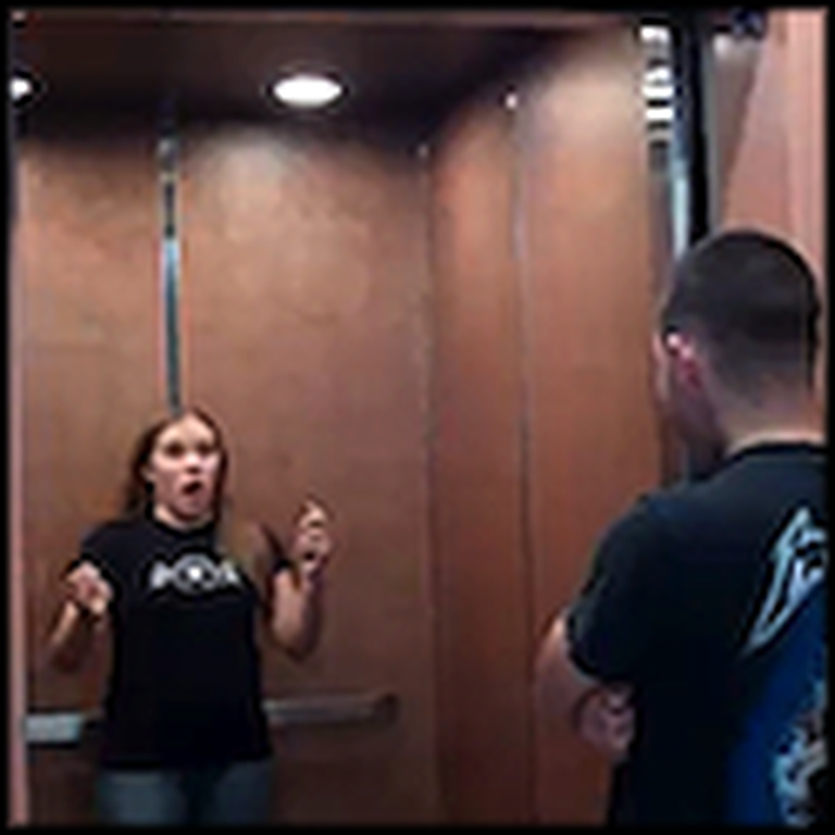 Marine Waits at the Bottom of an Elevator to Surprise his Sister