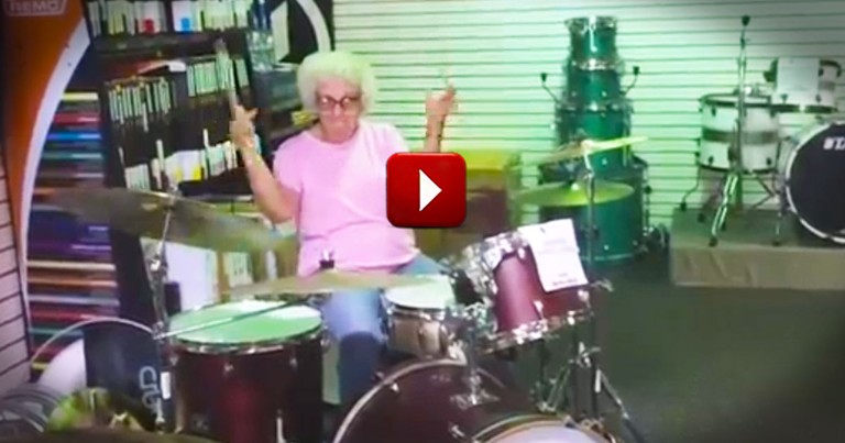 Granny Stuns Music Shop with Drum Skills