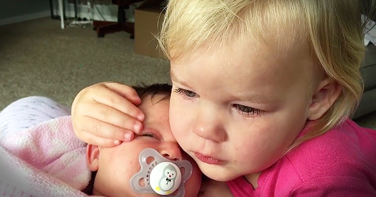Sweet Toddler Immediately Stops Crying When She Hugs Baby Sister