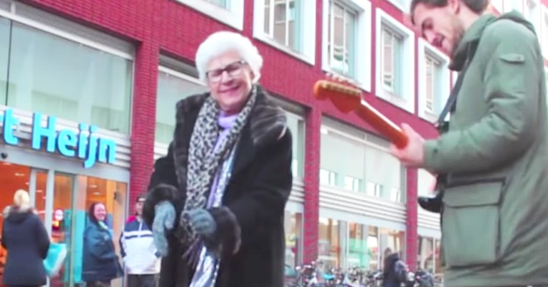 Hilarious Grandma Dances With Sidewalk Street Performer