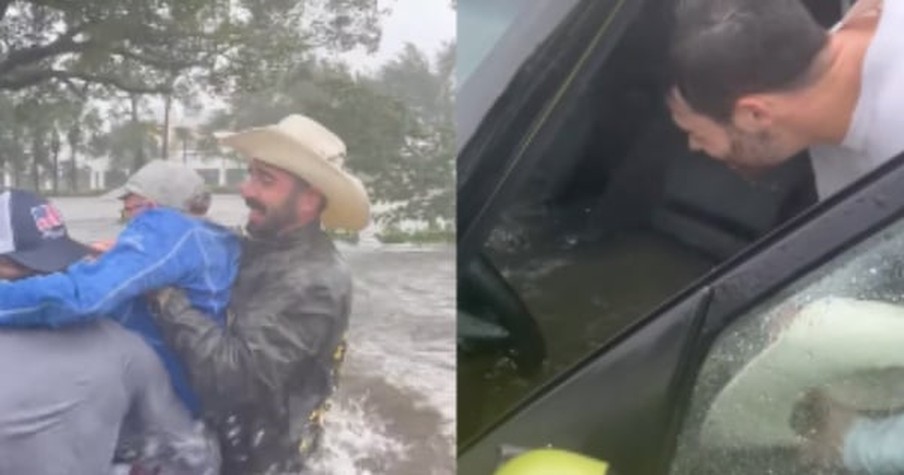 Elderly Man's Car Flooded With Water And A Group Of Good Samaritans Raced To Save Him