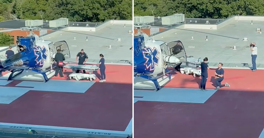 Cameras Catch An Epic ER Nurse Proposal Taking Place On A Hospital Helipad