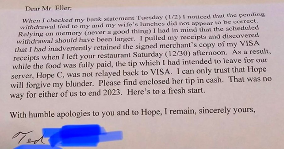 Customer Didn't Tip the Waitress and Then Sends a Letter to the Restaurant Explaining Why