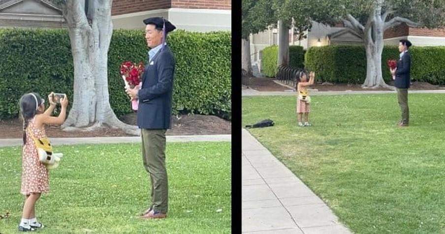 Stranger Spots Proud Little Girl Taking Photos Of Her Dad At Graduation And Bursts Into Tears