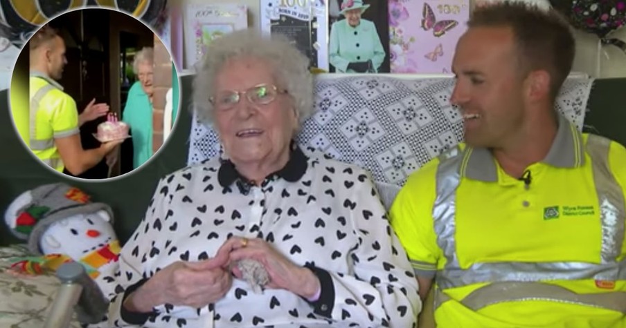 100-Year-Old Grandma Can't Stop Smiling When Garbage Man Shows Up With A Birthday Cake