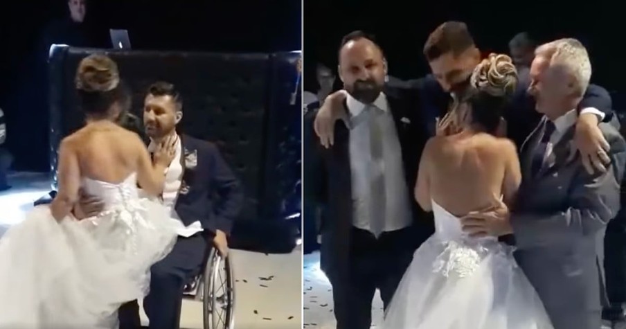 Beautiful Moment Groomsmen Help Groom in a Wheelchair Stand to Dance with His Bride