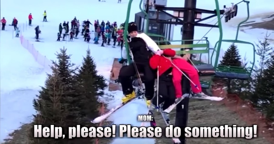 Mother Clings To Baby Girls As They Dangle From A Ski Lift