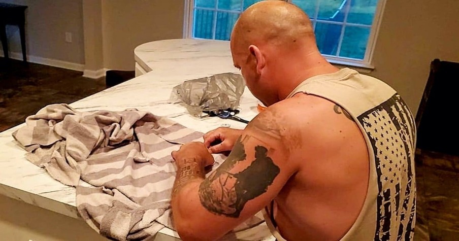 Wife's Photo Of Husband Sewing Goes Viral For All The Right Reasons