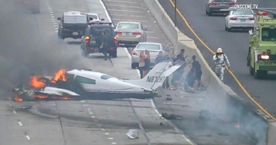 Plane Crashed On Freeway, Then Burst Into Flames With Pilot Trapped Inside