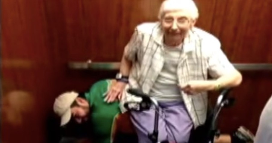 Thoughtful Young Man Becomes A Human Chair For An Elderly Lady