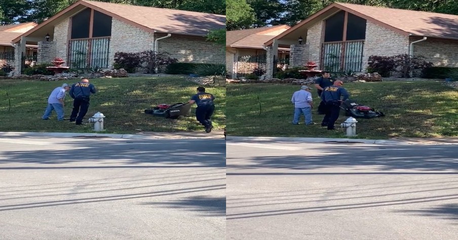 Fire Department In Austin TX Spots 95-Year-Old Struggling To Mow A Lawn, So They Got To Work