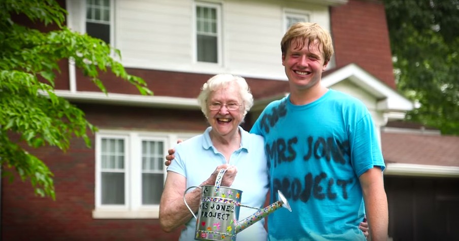 Teenage Boy Helps Elderly Lady Care For Her Yard