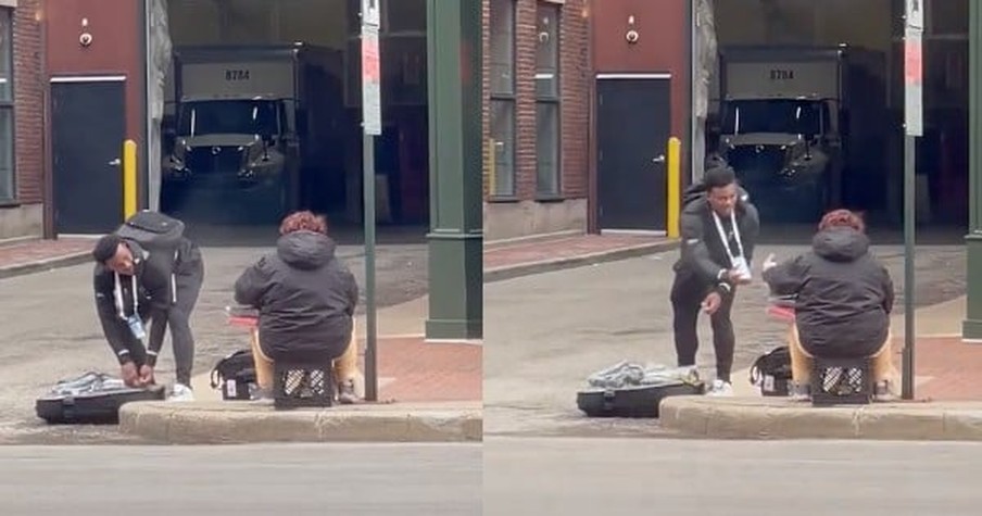 Young Football Player Stops To Help Homeless Woman And Had No Idea Cameras Were Rolling