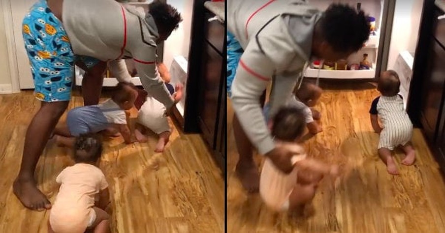 Parents Of Triplets Struggle To Stop The Tiny Tots From Raiding The Fridge And It's Hilarious