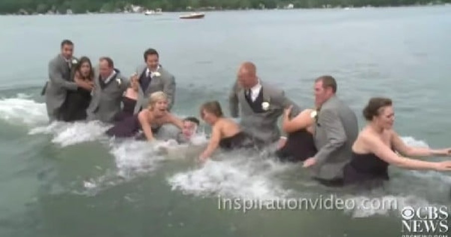 Wedding Party Falls Off Dock And Gets Drenched