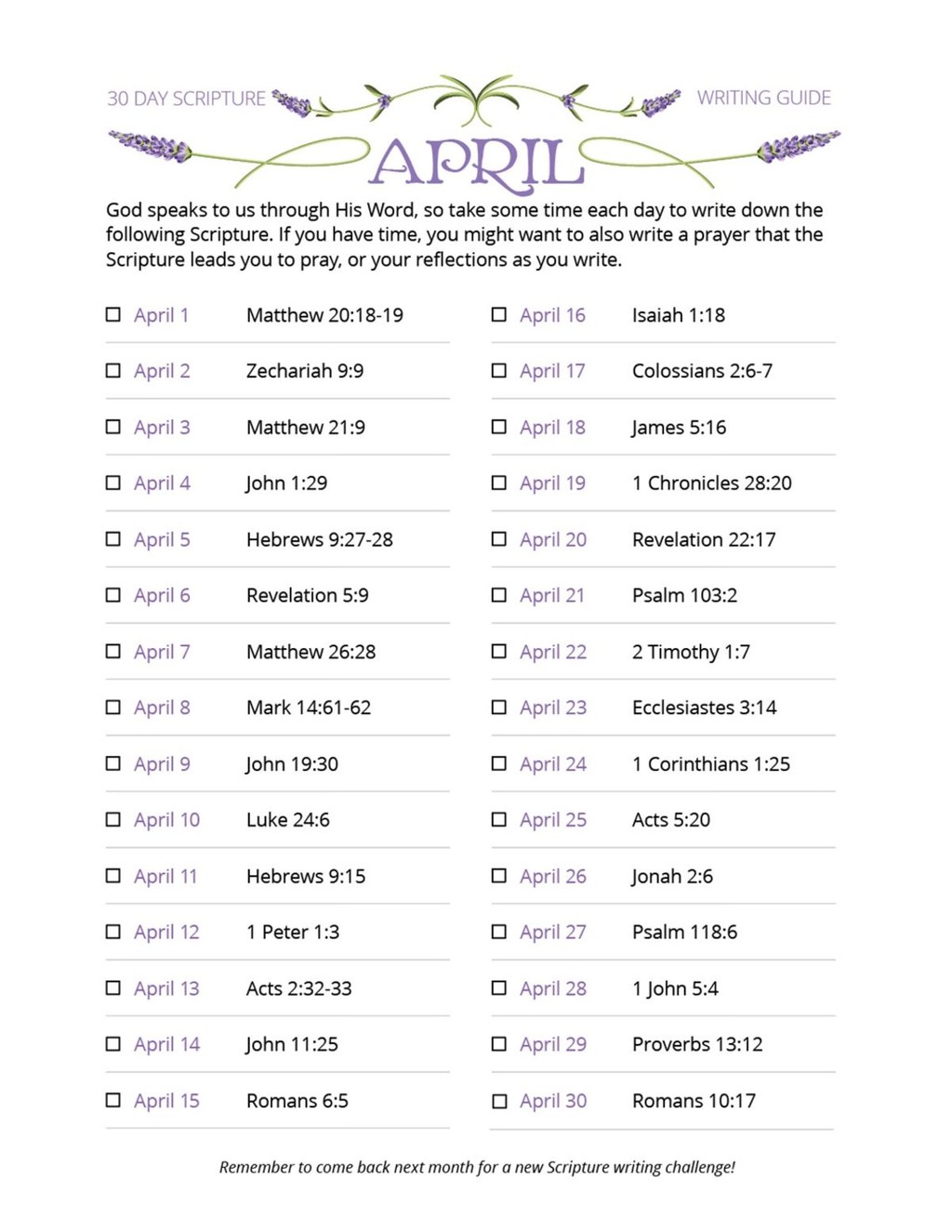 April Scripture Writing Guide