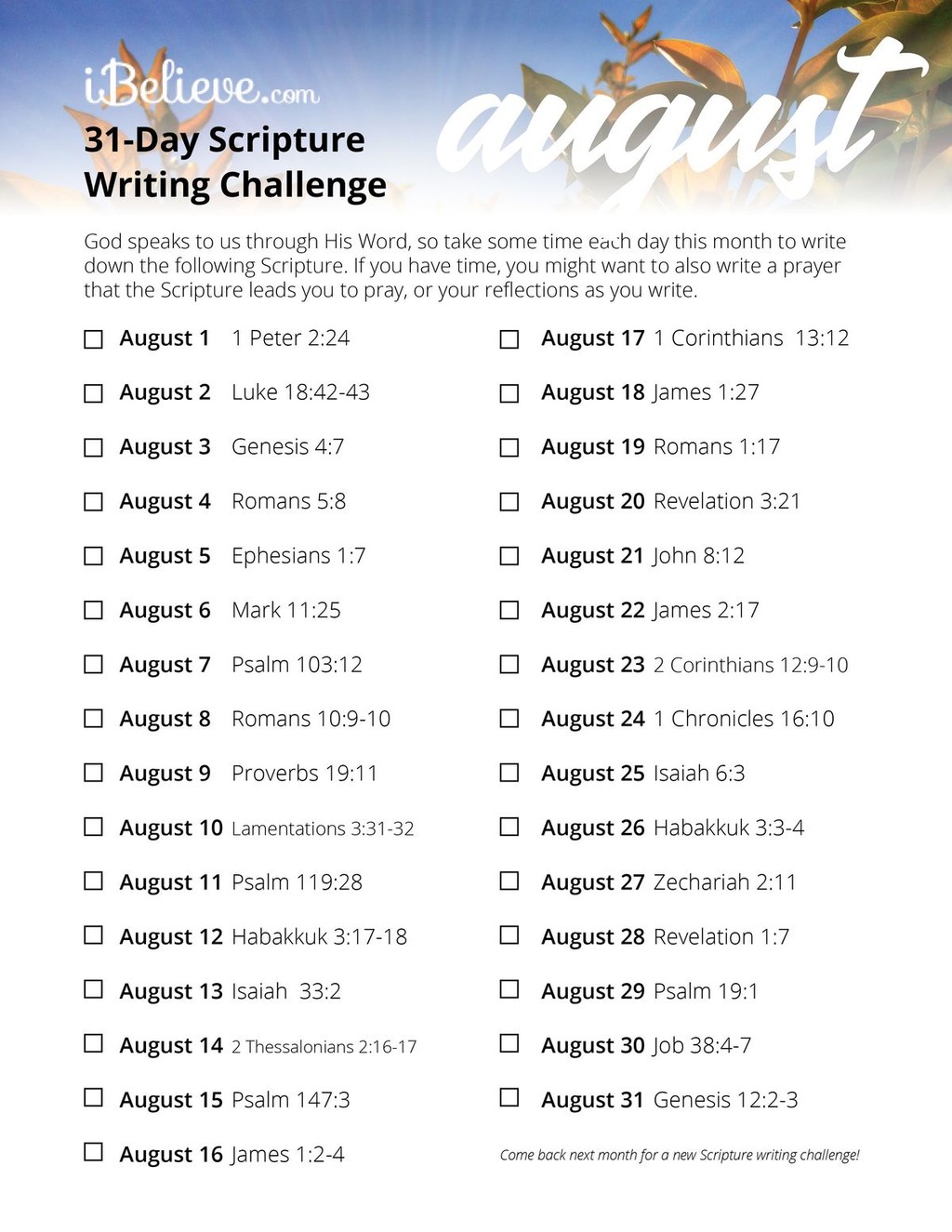 August Scripture Writing Guide