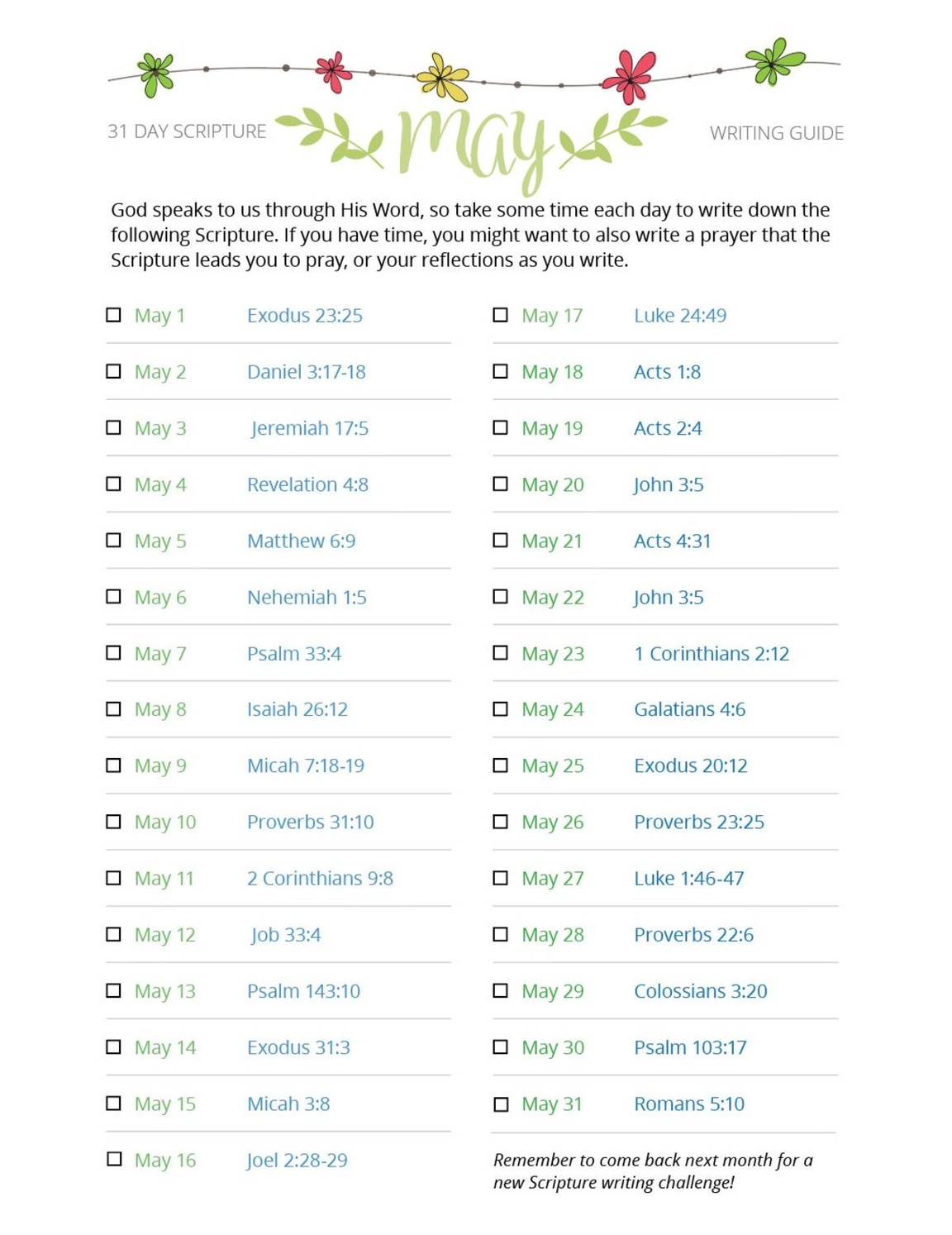 May Scripture Writing Guide