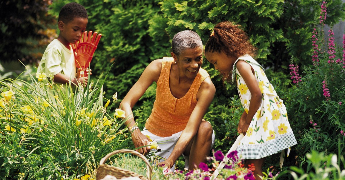 grandma gardening with grandkids outside