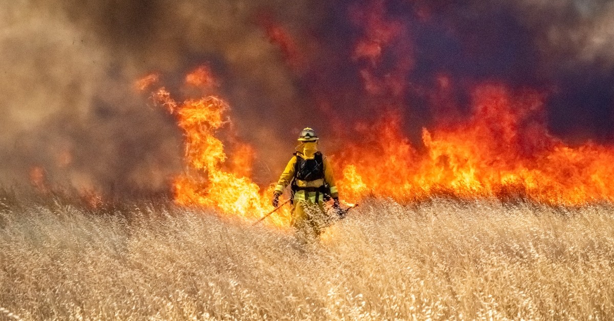 fire fighter standing in front of flames in grassy field