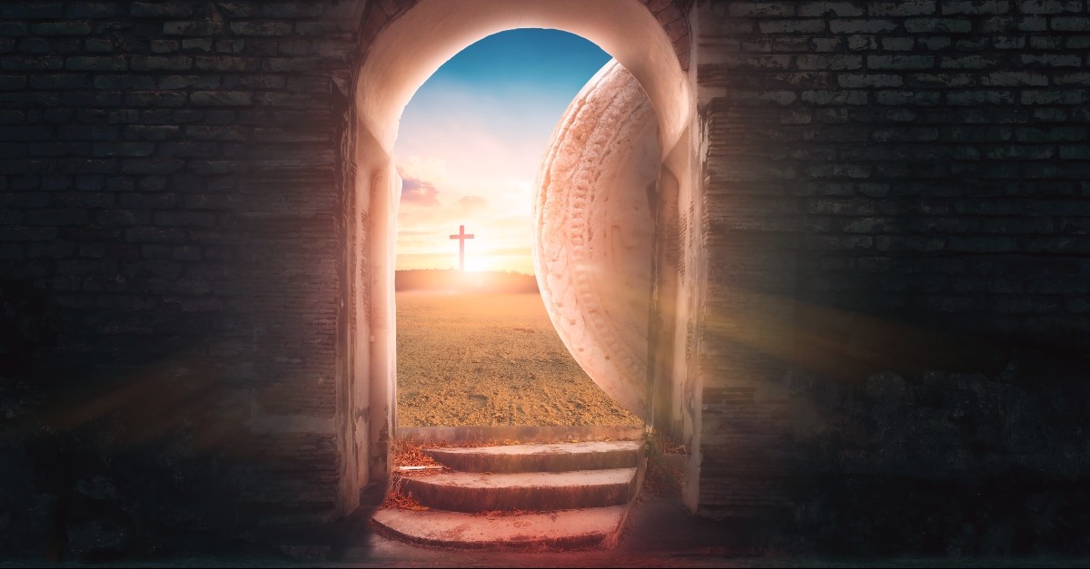 The empty tomb of Christ looking out to the cross; nonbelievers questions the explanation of the empty tomb.