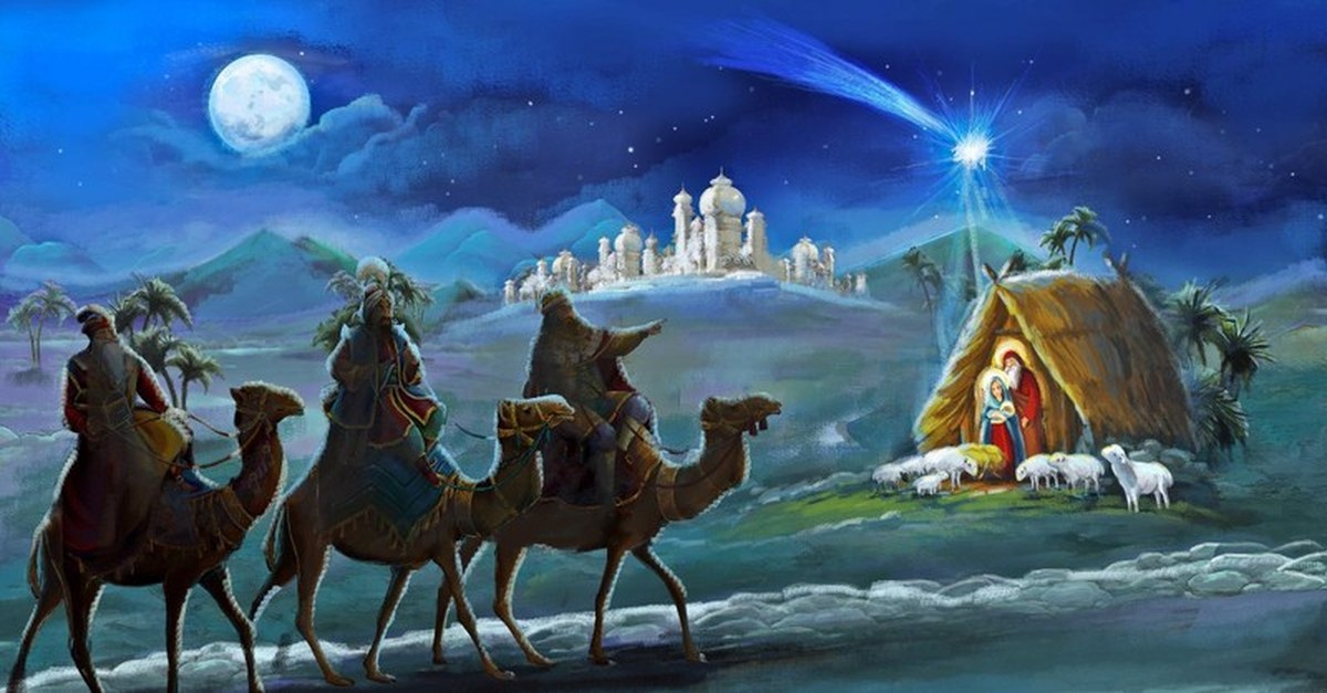 Nativity scene painted as the wise men approach Jesus