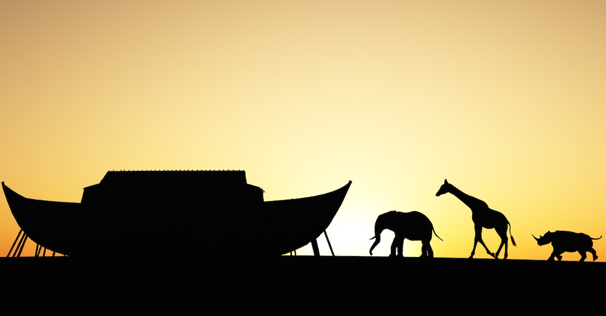 Silhouette of Noah's ark with three animals walking toward it