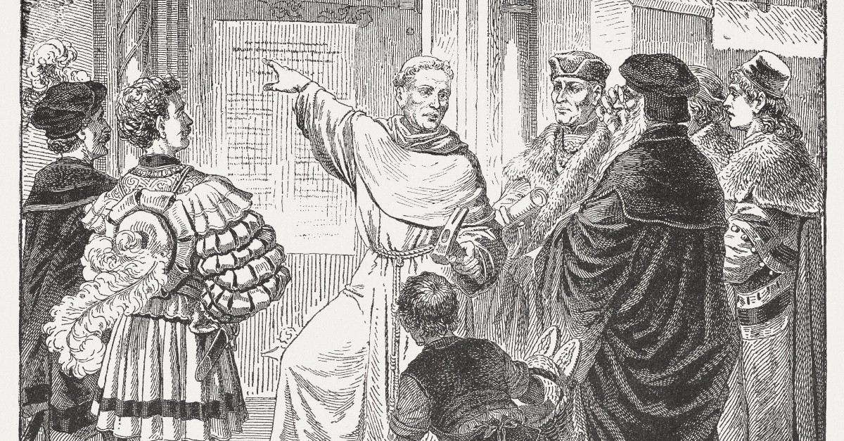 Drawing of Martin Luther with his 95 Theses