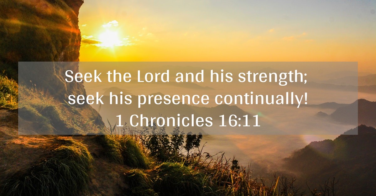 1 Chronicles 16:11 written over field at sunrise