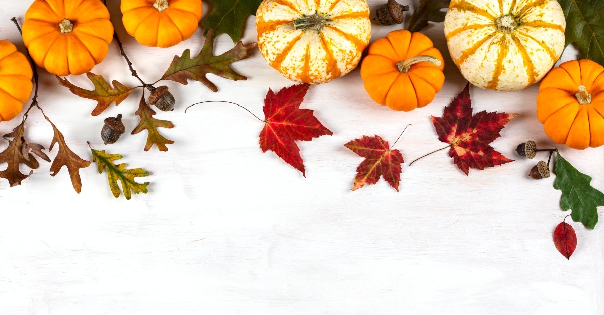 Decorative pumpkins and leaves on a wooden background