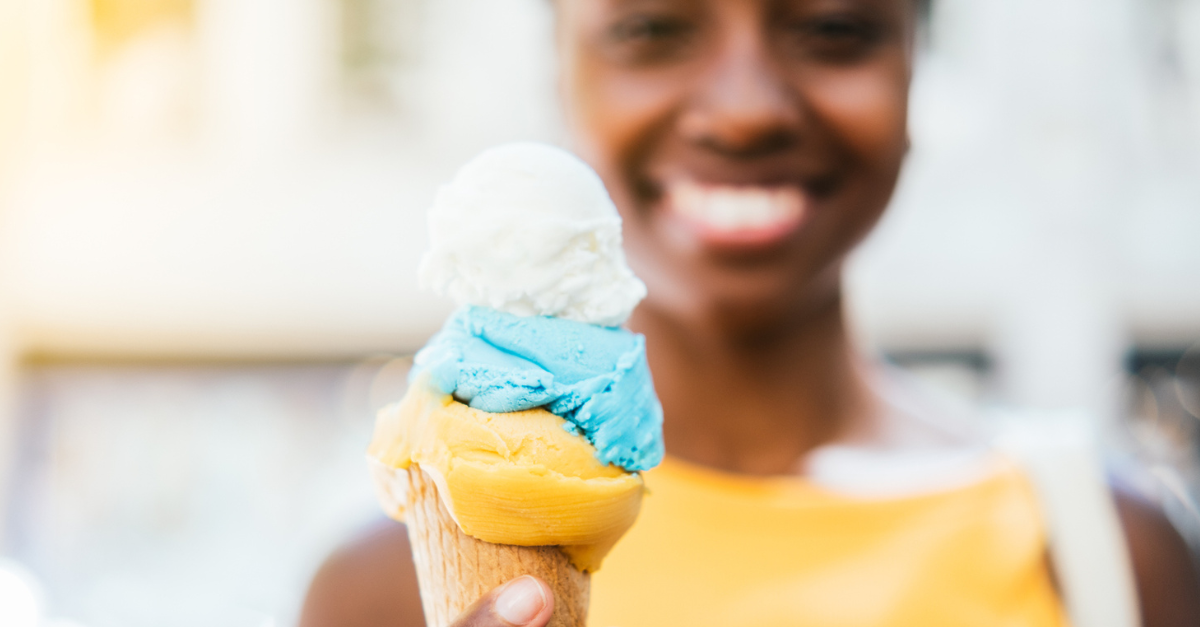 Woman eating an ice cream cone; eating clean without making food an idol.