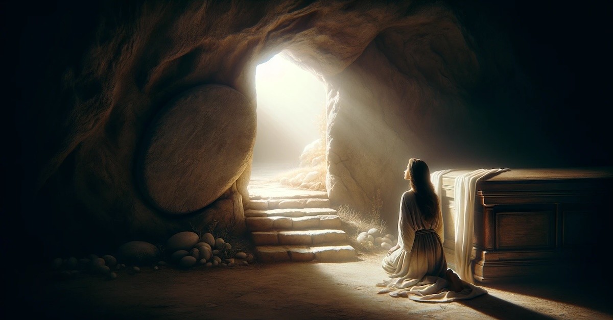 Woman sitting in empty tomb looking at rolled away stone, created using DALL-E AI images