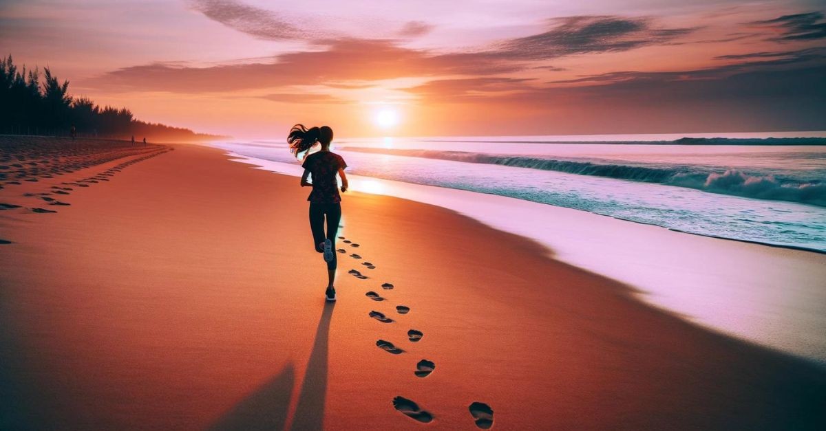 Woman running on the beach at sunrise; how do we unlock God's saving grace?