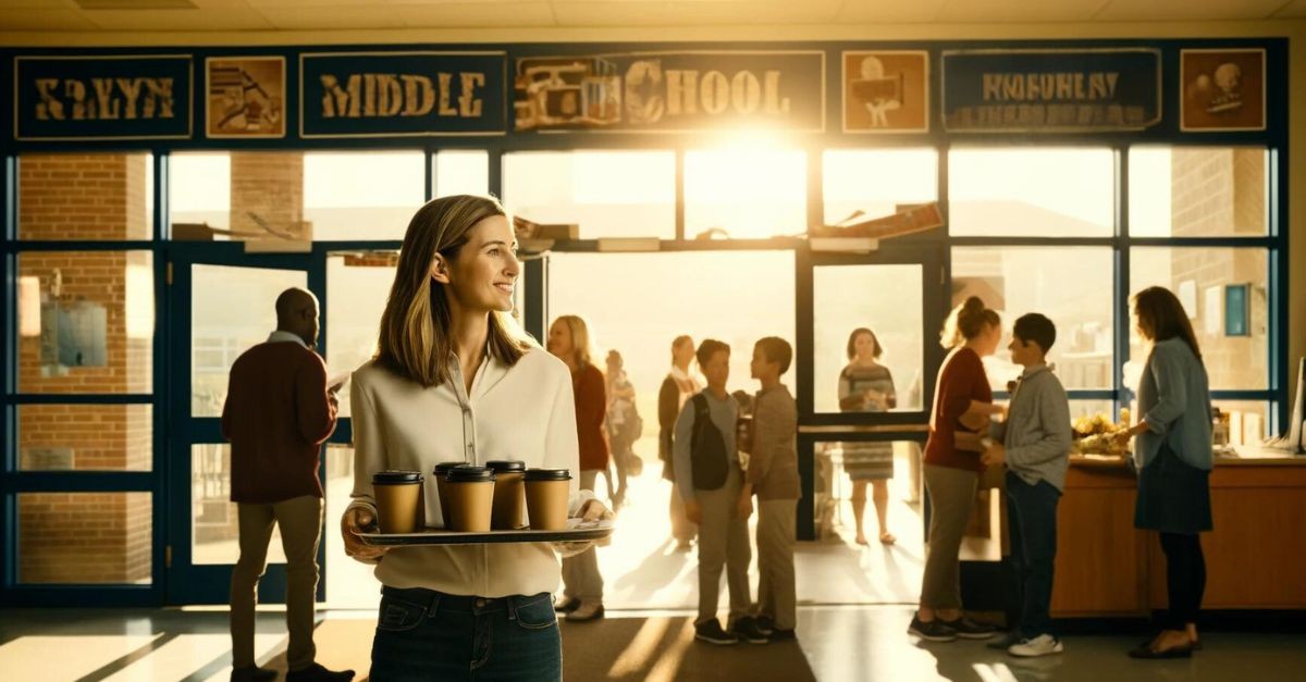 A woman bringing coffee to a middle school for the teachers; serving others.