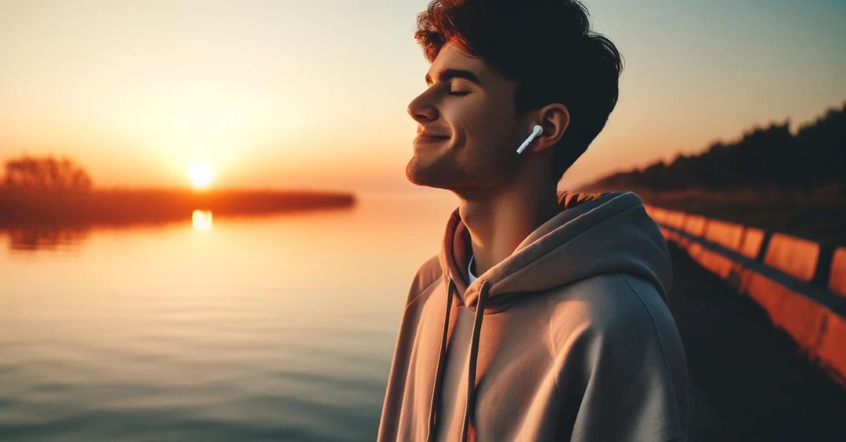 Man listening to music by the water at sunrise; what is the purpose of life?