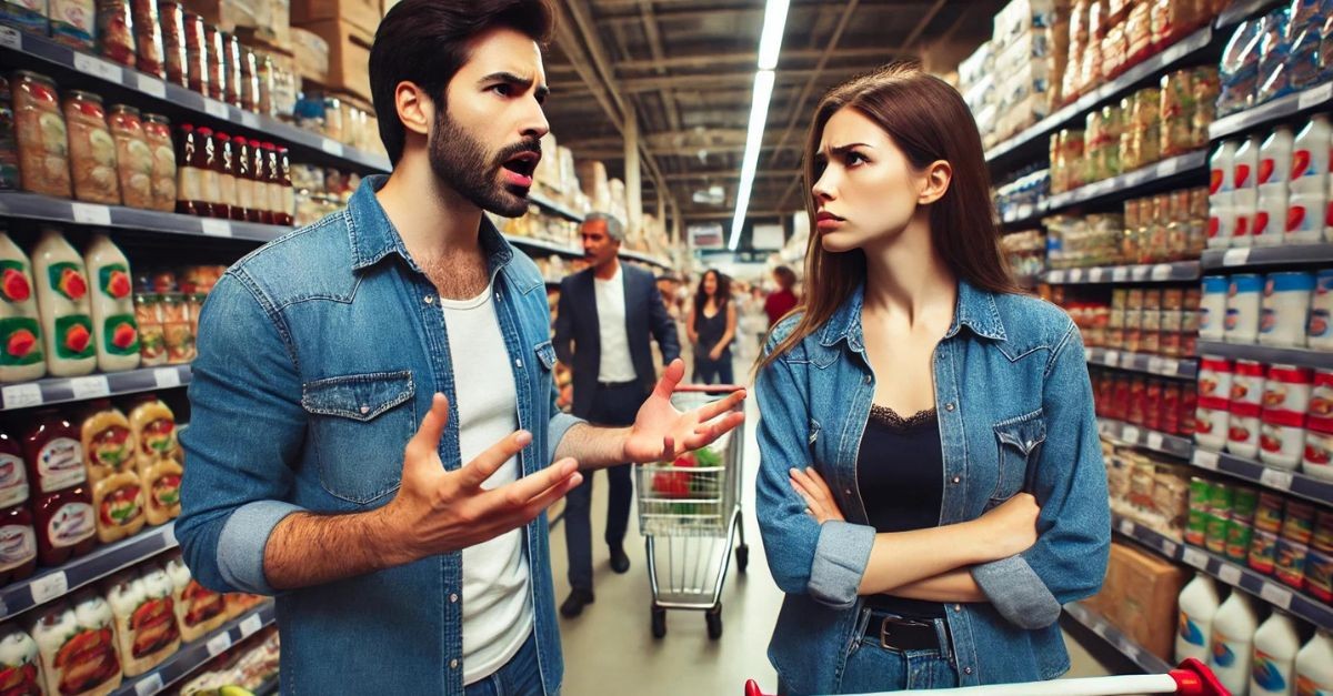 Couple arguing at the grocery store; 4 common phrases wrecking Christian marriages.